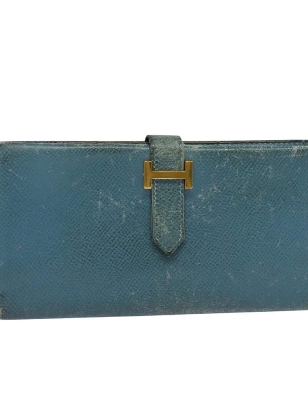 HERMES Bean Long Wallet Leather Blue Auth bs26436
